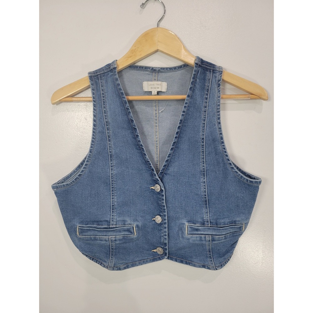 Love Tree Denim Womens Medium Wash Cropped Button Front Vest Blue Size L